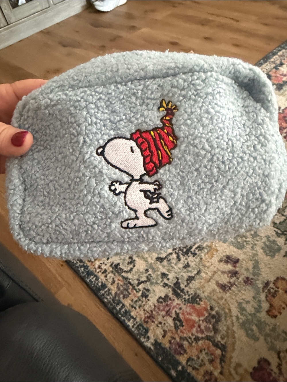 Peanuts Light Blue Sherpa Pouch with Snoopy in Red Knit Hat